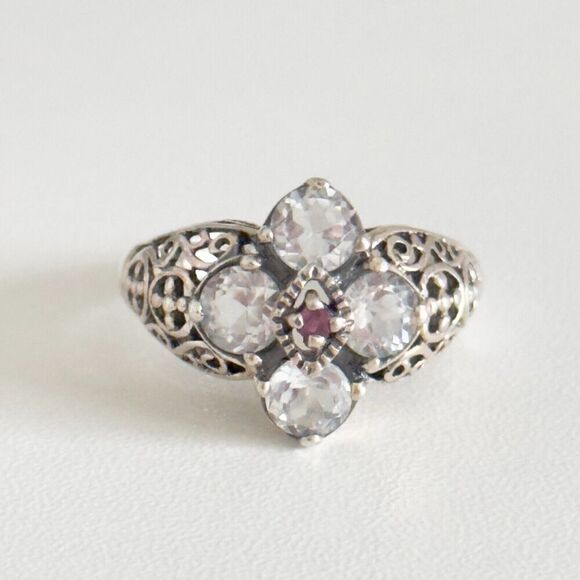 CNA Designer 925 Sterling Silver White Topaz & Ruby Filigree Flower Ring Size 8 - Picture 2 of 10
